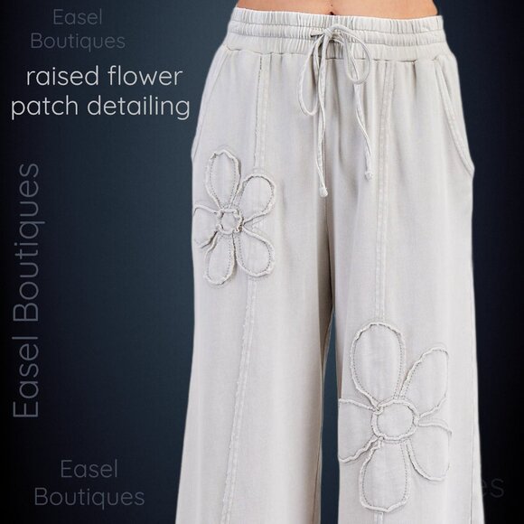EASEL “Flower Path” Mineral Washed Pants Wide Leg Cozy Relax Fit Raw Seams, Hems - Picture 9 of 14